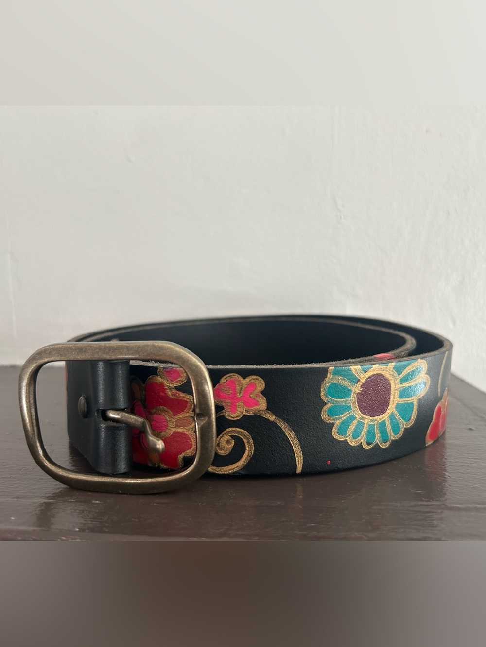 Hand-Painted Floral Black Leather Belt- signed